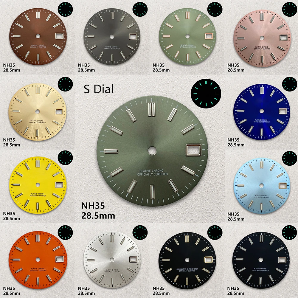 28.5mm S Logo Sunburst Dial Fit NH35/NH36/4R Japanese Movement Green Luminous High-Quality Dial Watch Modification Accessories