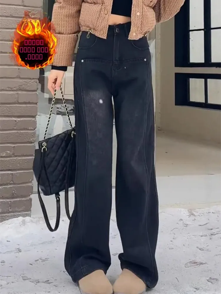 

Bla Fce Lined Thiened Slim Straight Denim Jeans Женские осенне-зимние новые свободные широкие брюки большого размера длиной до пола