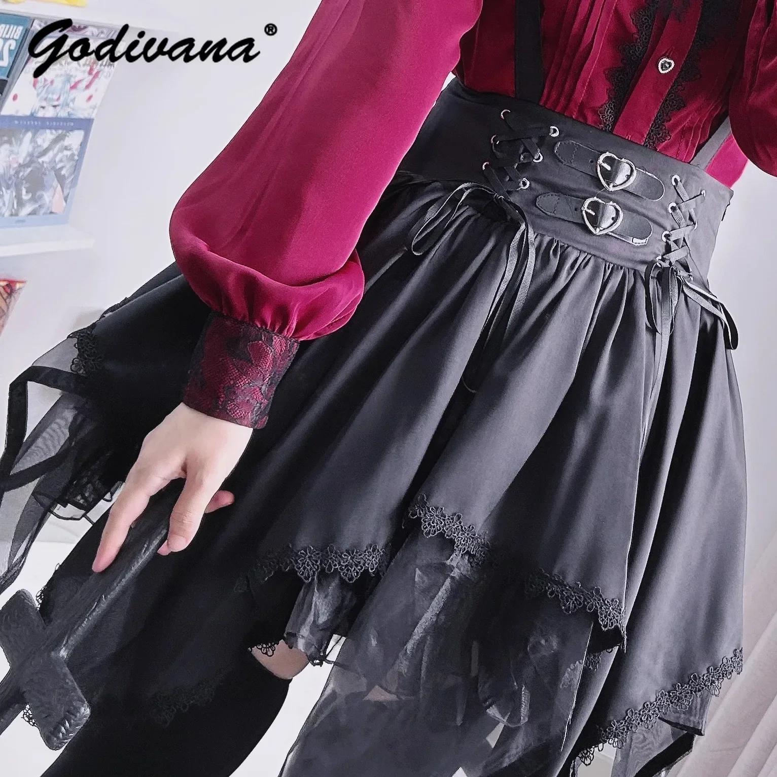 Japanese Mine Girls Sweet Irregular Hem Leather Buckle High Waist Multi-layer Straps Skirt Women's Lolita Black Suspender Skirts