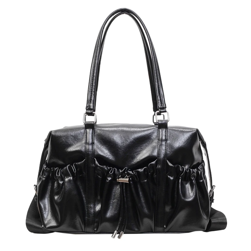 

Autumn Vintage Large Capacity Soft Pu Leather Shoulder Bag for Women Pleated Drawstring Design Female Retro Commute Boston Bag
