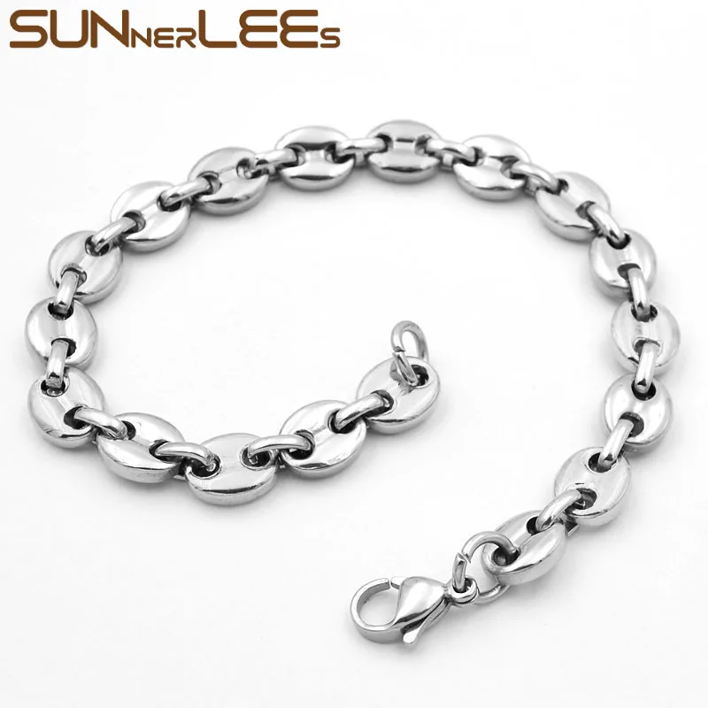 SUNNERLEES 316L Stainless Steel Bracelet 5~11mm Coffee Beans Link Chain Silver Color Gold Plated Jewelry Men Women Gift SC13