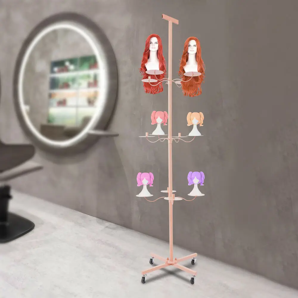 Modern Pink Iron Freestanding Wig Head Stand, Wig Display& Storage Rack, 12-Head Wig Holder