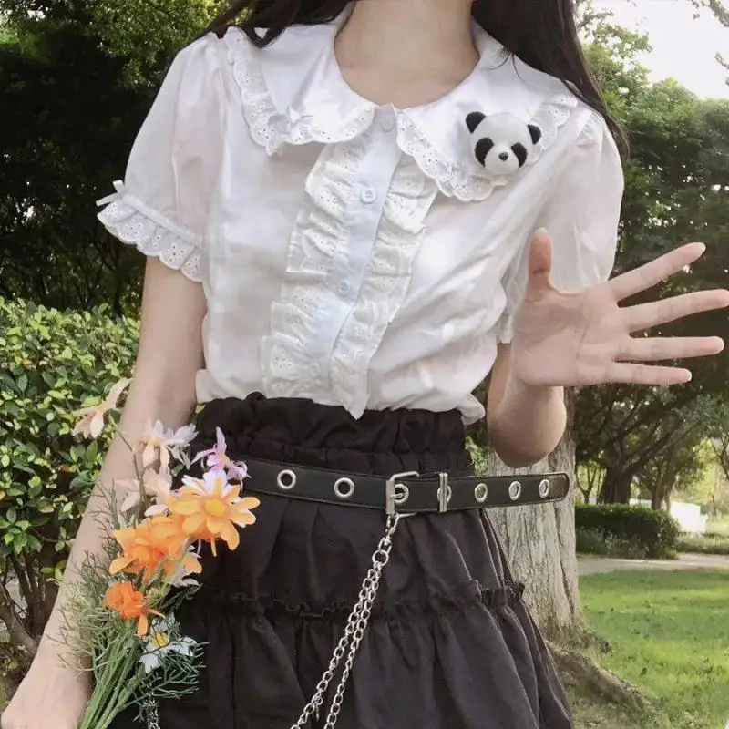 Blusa Kawaii Lolita japonesa de renda manga curta feminina, pequena e doce, branca, elegante, nova, verão, XS to 2XL, 2023