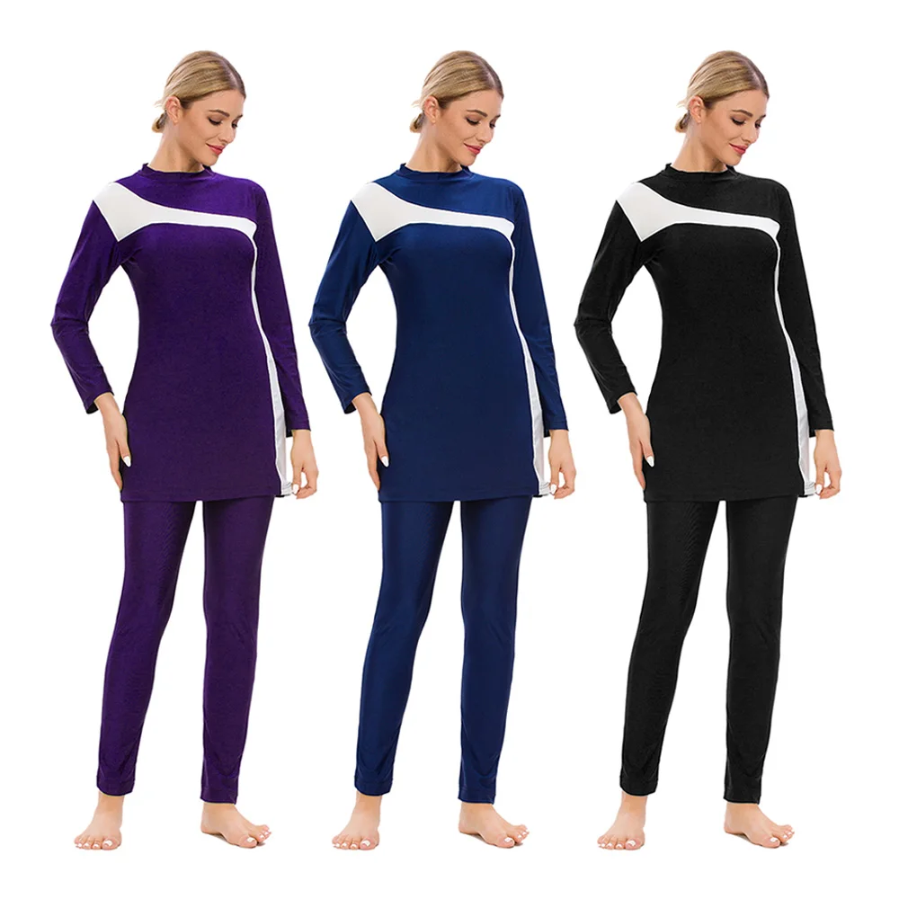 Muslim Burkini Swimsuit for Women, All-sized Swimwear, Monochrome Patchwork, 3PCs, High Quality, Plus Size, S-3XL