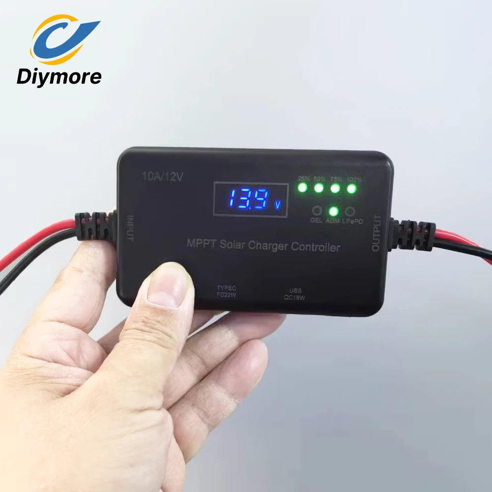 MPPT Solar Charge Controller 12V 10A for Lead-Acid Lithium Batteries Solar Photovoltaic Controller with USB Type-C Interface