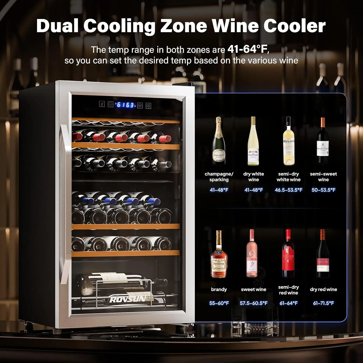 33 Bottle Wine Fridge, Dual Zone Wine and Beverage Refrigerator with Independent Temp & LED Control Panel, Freestanding W