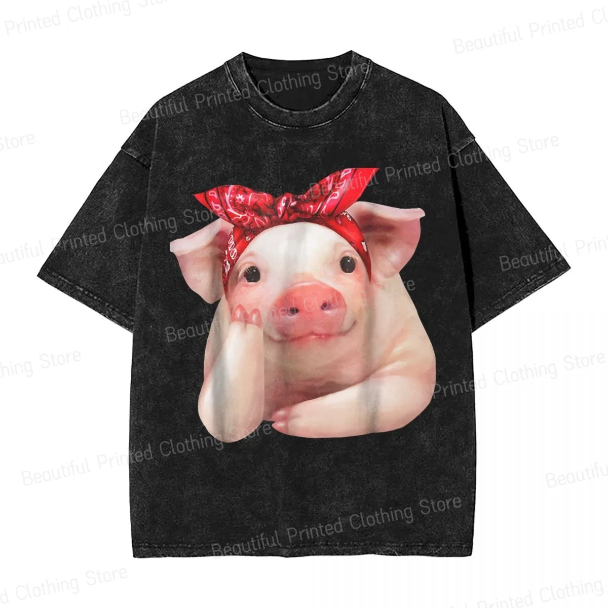 Red Bandanna Pig Funny I Love Piggy Men Women Breathable Cotton washed T-Shirt Printed Short Sleeved Tshirts Street Short Sleeve