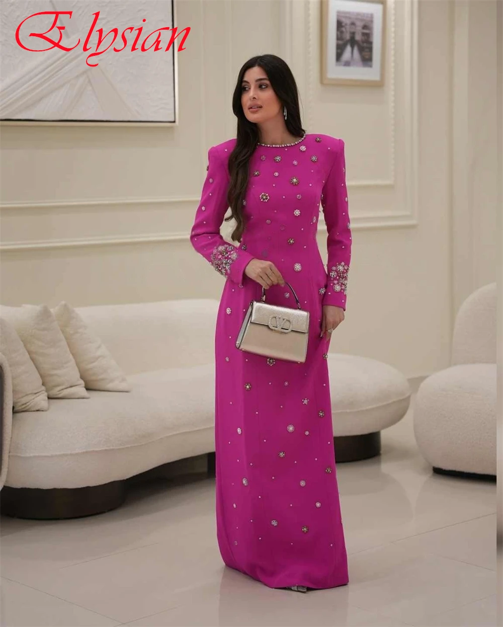 Customized Classic pink Jersey Evening Dress High Quality Crew Neck Long Sleeves Cocktail Dress Temperament Celebrity Gowns