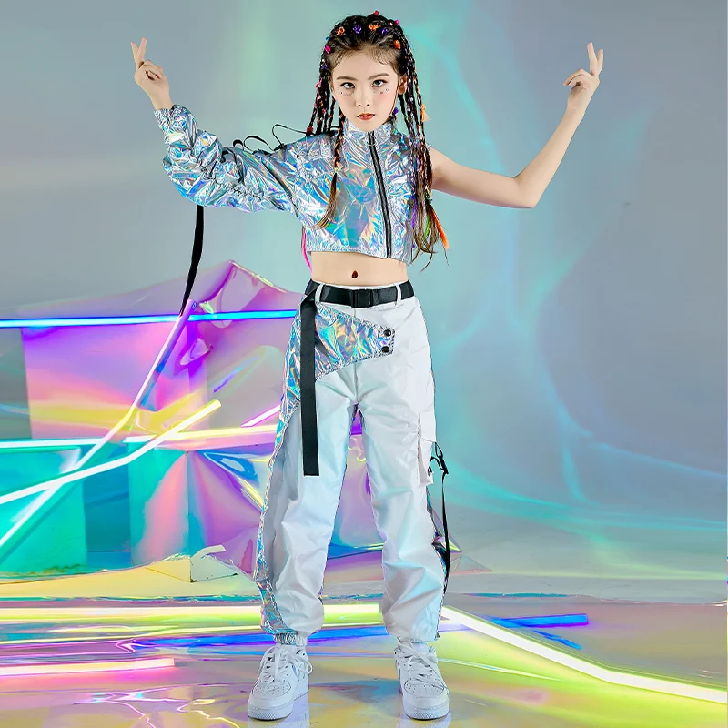 PU Hip-Hop Dance Clothes Reflective Rave Outfit Girl Sets Jazz Dancewear Festival Crop Tops Cargo Pants Catwalk Show Costume