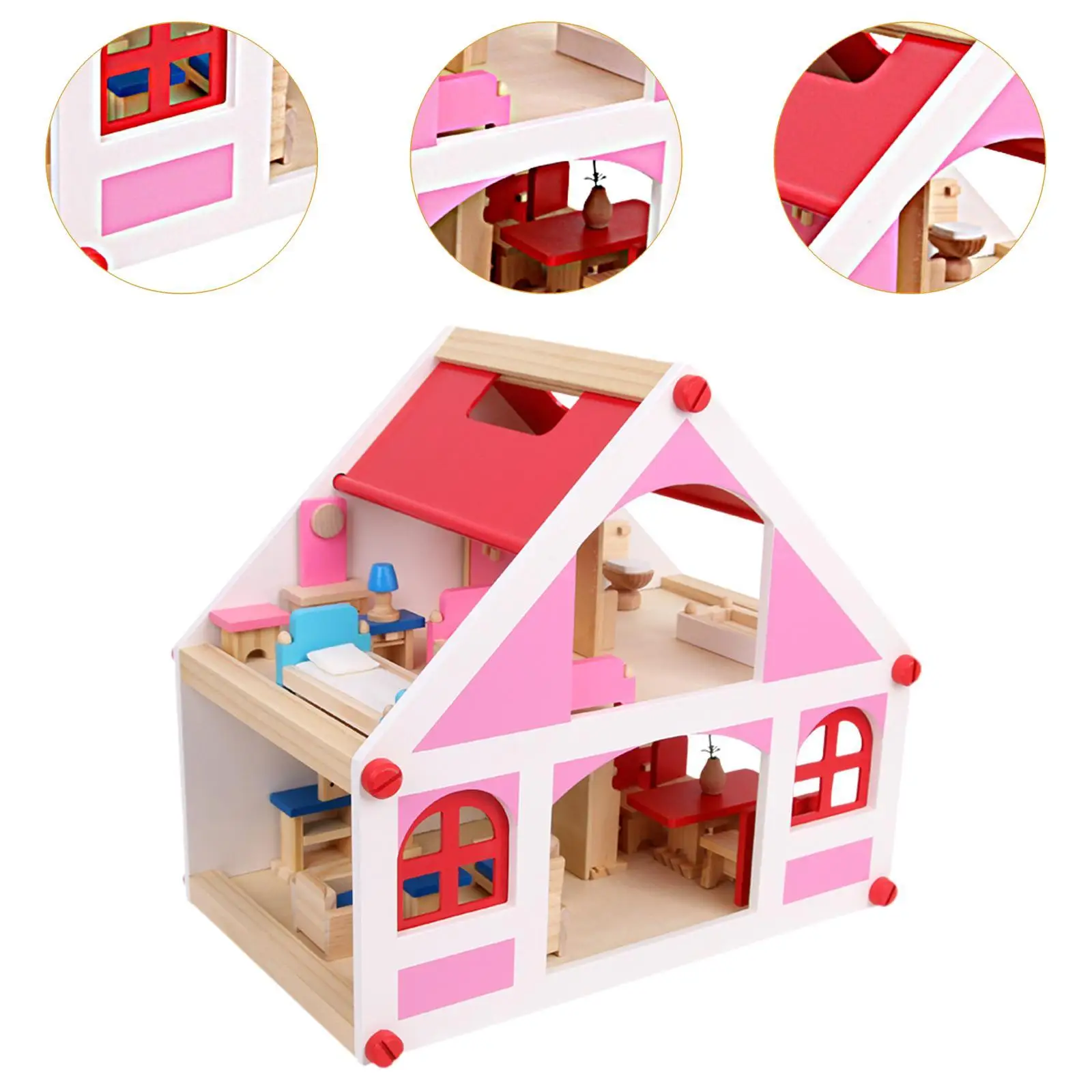 Puppenhaus-Bastelhaus-Villa aus Holz mit Möbeln und Accessoires, Rollenspiel für Mädchen ab 3 Jahren, Kindergeburtstagsgeschenk