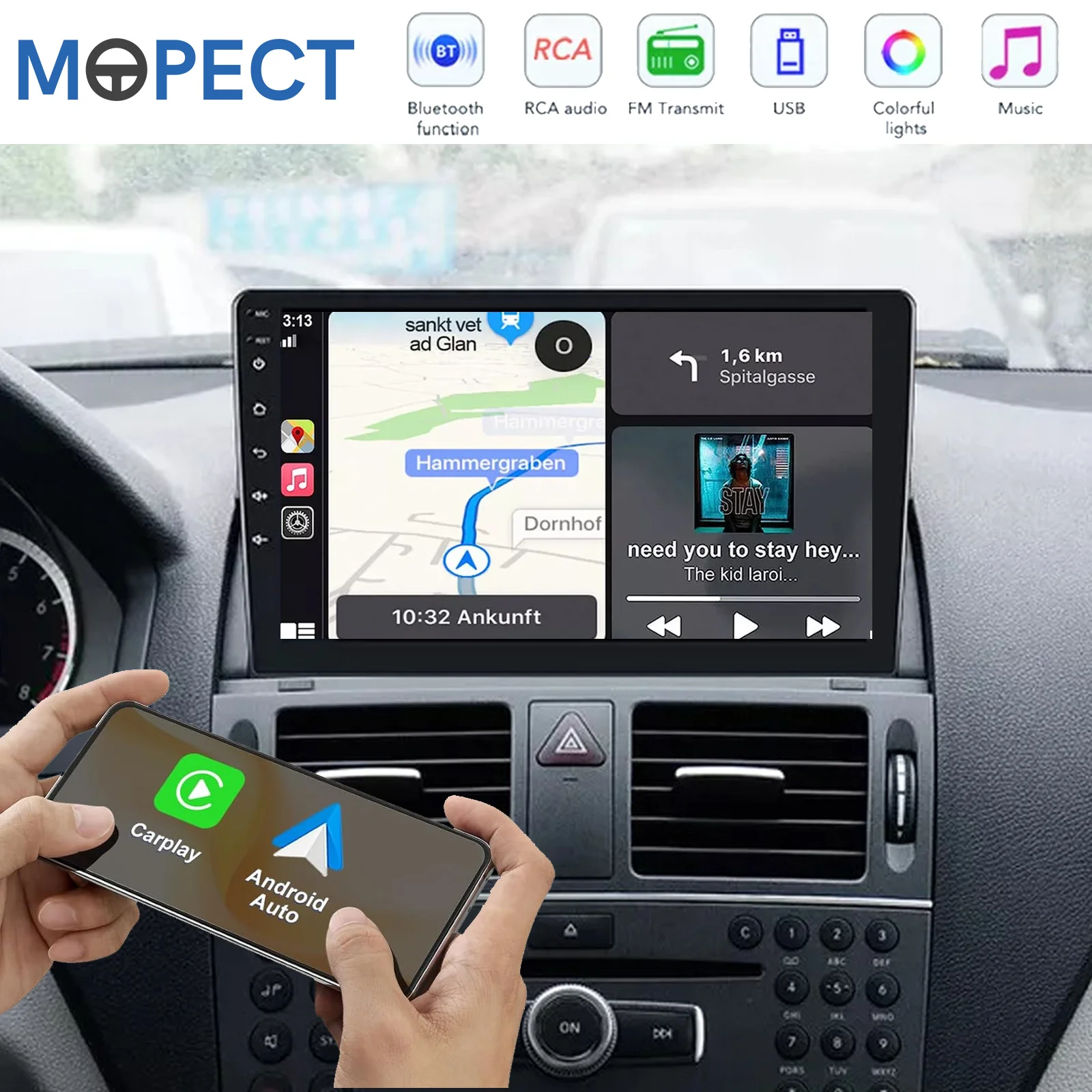 MOPECT CarPlay Android 15 System GPS Stereo Multimedia-Player 4+64G/128GB Radio für Mercedes Benz C-Klasse W204 S204 2008-2010