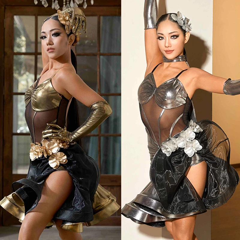 

2025 Latin Dance Dress Women Performance Clothes Flower Silver Gold Competition Dress Adult Rumba Cha Cha Dance Costume DNV22366