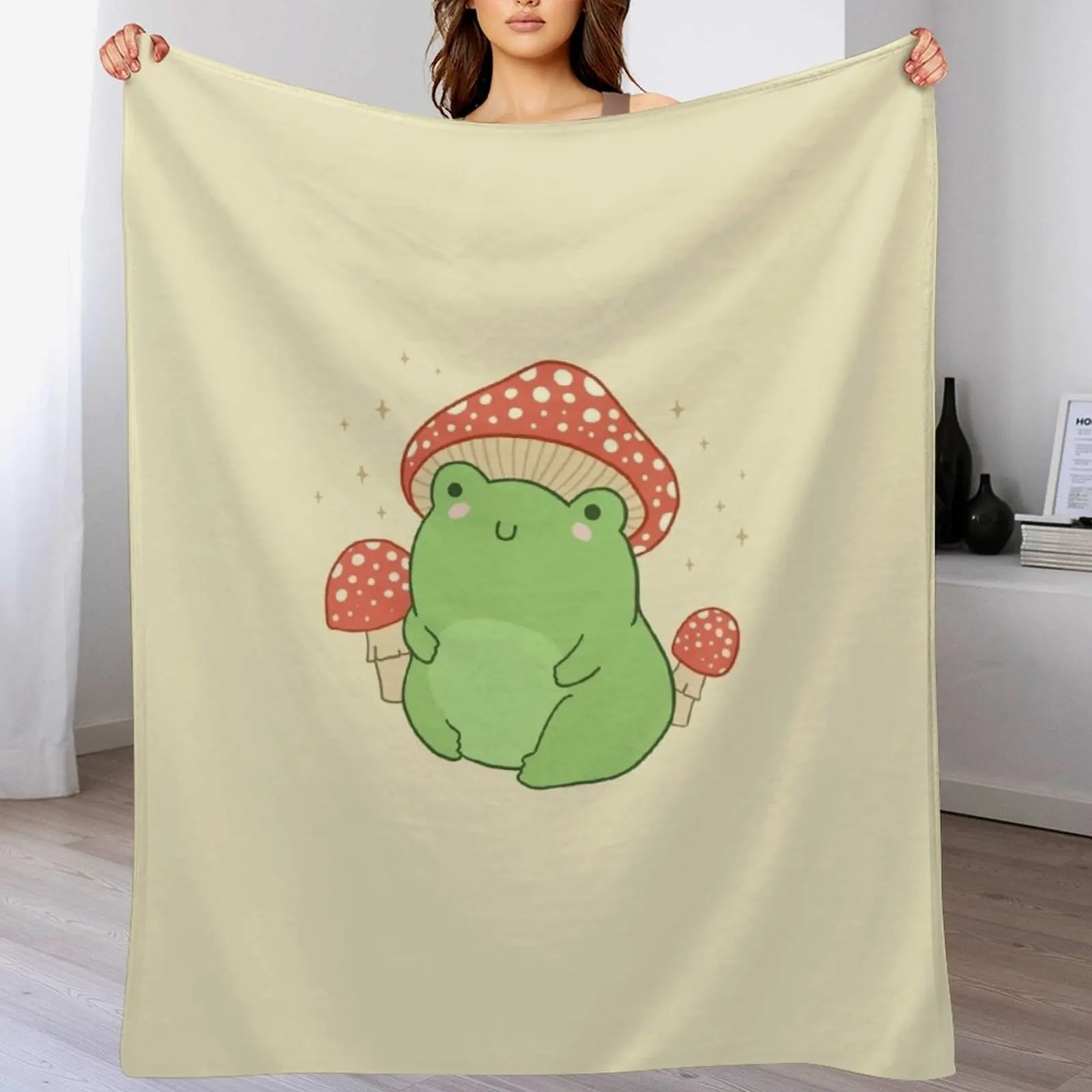 

Kawaii Frog with Mushroom Hat and Toadstools - Cottagecore Aesthetic Froggy - Chubby Amanita Muscaria Forest Theme Throw Blanket