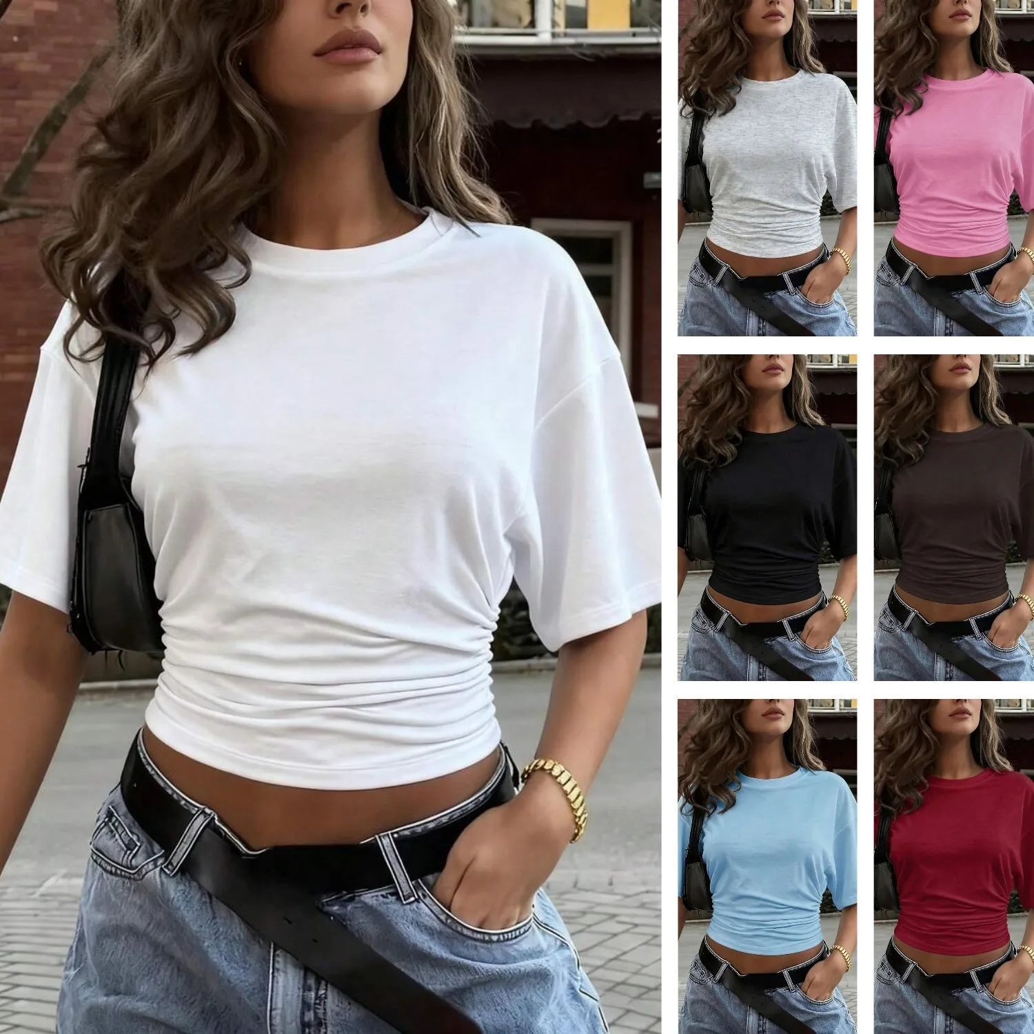Camiseta de manga corta para mujer, color liso, corte crop, cintura fruncida, cuello redondo, ajuste ceñido, blanca, rosa, azul claro, burdeos