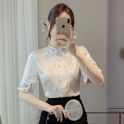 Satin Embroidery Women's Shirt Summer Chinese Style Women Blouses Loose Short Sleeve Vintage Tops Fashion Clothing 2024 Korean