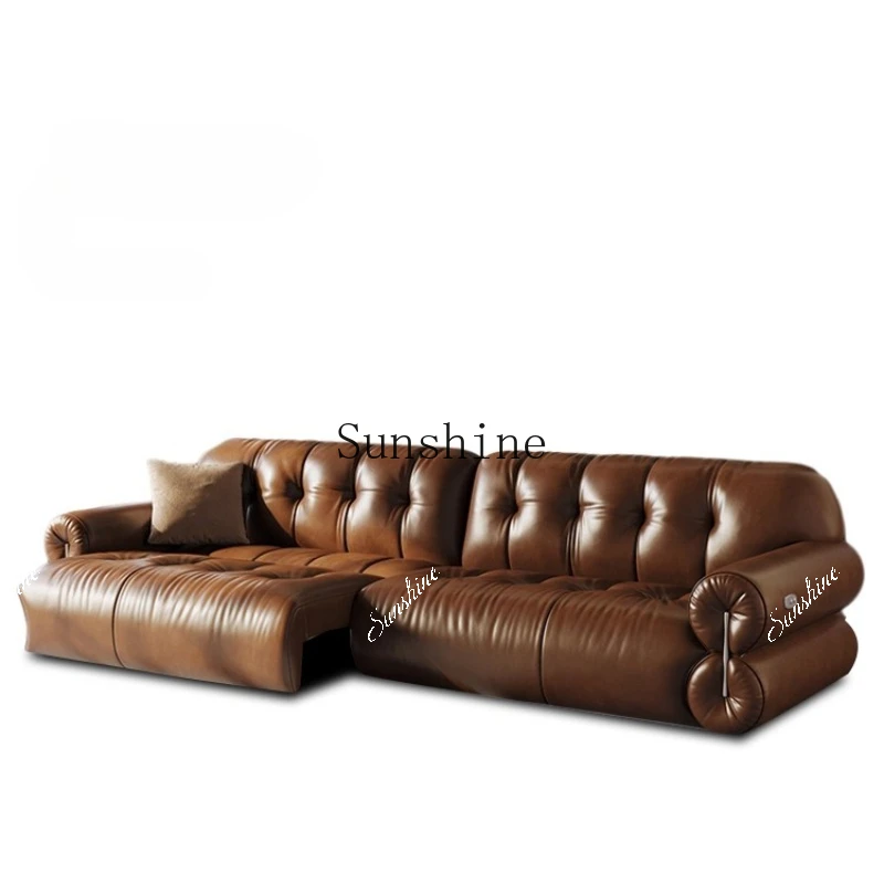 Oil wax leather, electric leather, minimalist retro living room, retractable cloud sofa bedP