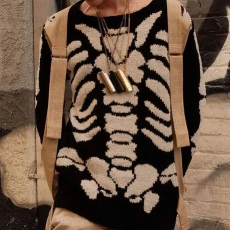 

Skeleton Bone Print Harajuku Men Oversized Sweater Black Loose Women Vintage Knitted Sweater Autumn Cotton Pullover Unisex Y2K