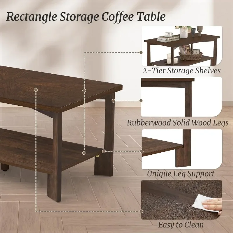 Rectangle Coffee Table, 39" Rectangle Rustic Modern Coffee Table, Sofa Table with 2-Tier Storage Shelf for Living Room