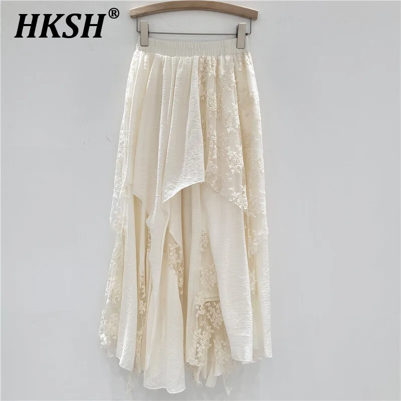 

HKSH Summer New Women Tide Fashion Spliced Lace Mesh Irregular Half Length Elegant Skirt Niche Design Party A-line Skirts HK4885