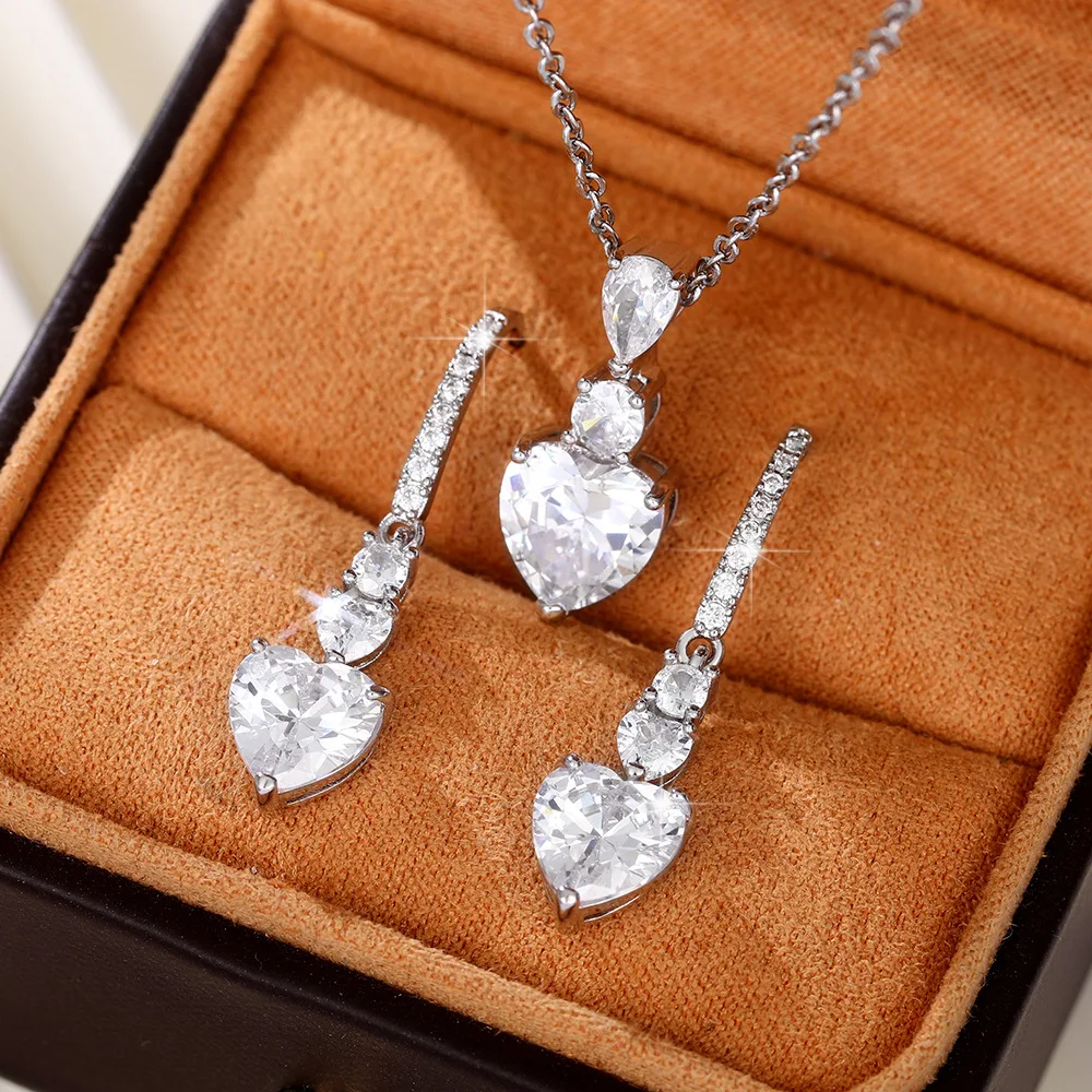Mode Silber Farbe Liebe Herz Halskette Ohrringe Zirkonia Schmuck Set elegante Stempel Schmuck Frauen Hochzeit Schmuck Set