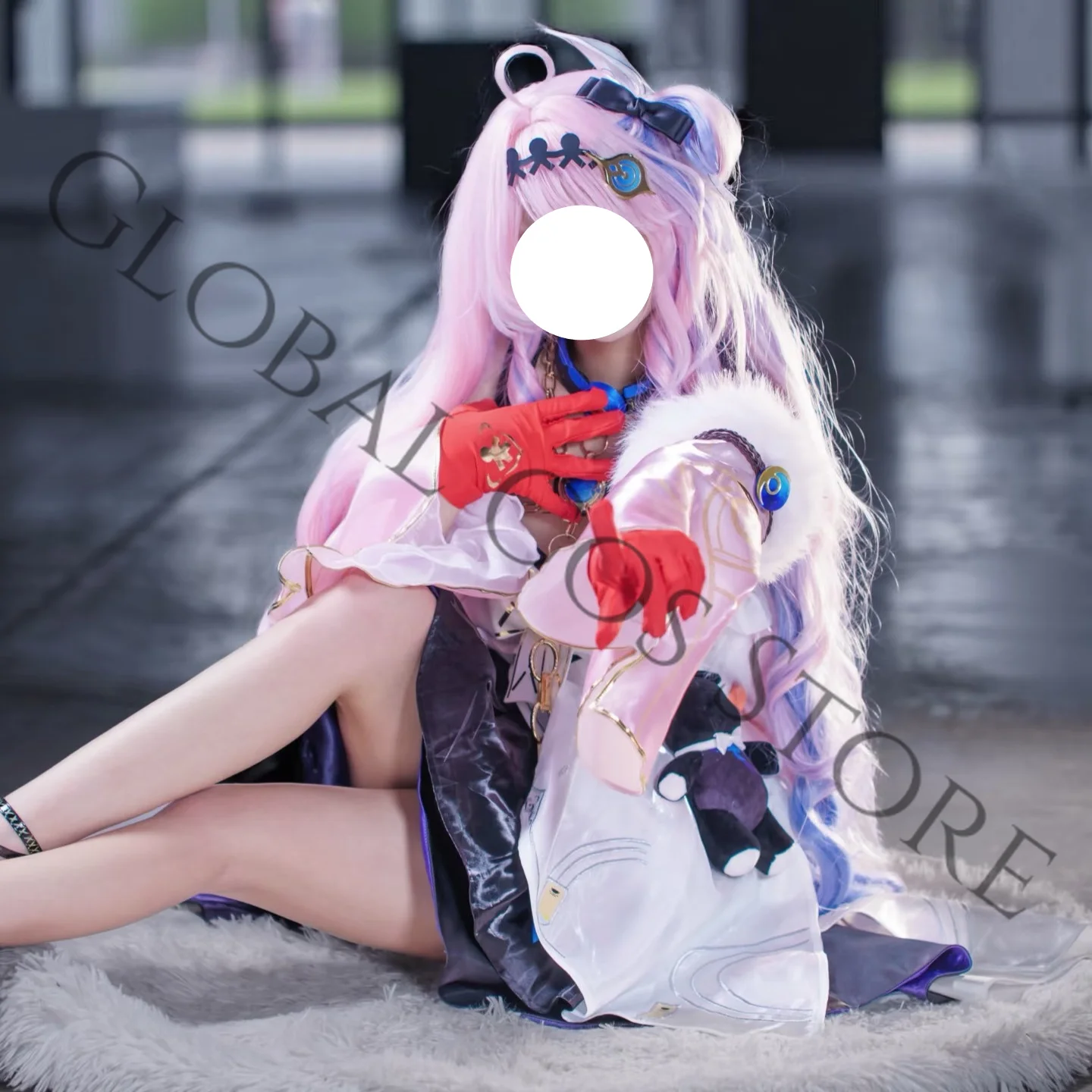 Denia Cosplay Costume Dress with Pink Cape Purple Layers & Black Bear Toy Set for Halloween Party Game Wuthering Waves view 5