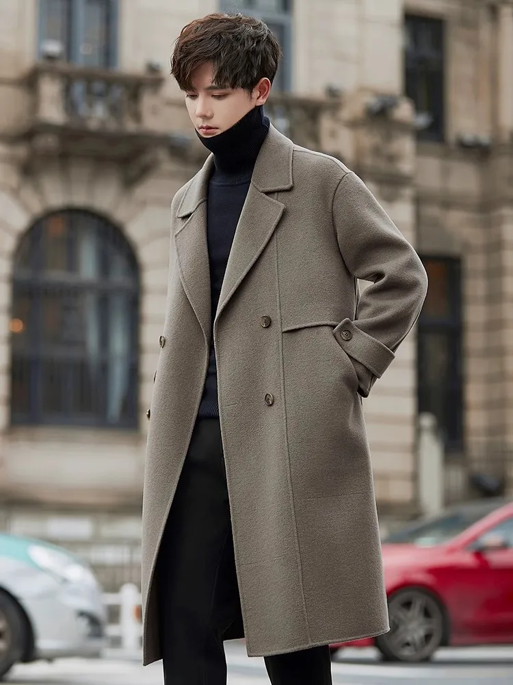 

Men's Double-Faced Woolen Coat Long Winter Faionable Korean Sle Camere Woolen Windbreaker Jaet Warm Straight Hemline