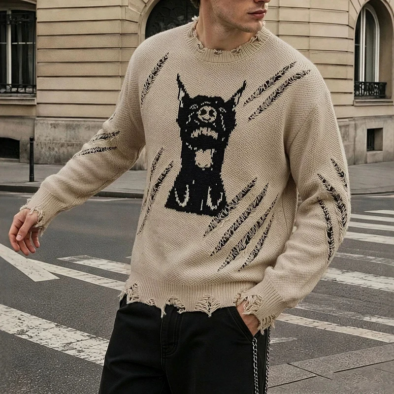 2026 Autumn Warm Ripped Pattern Knit Pullover Mens Fashionable Crew Neck Long Sleeve Tops Daily Outdoor Knitted Shirts For Male