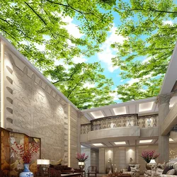 Aangepaste Grootte Blauwe Hemel Witte Wolken Bos Groen Blad Muurschildering 3d Moderne Woonkamer Slaapkamer Plafonddecoratie Muurschildering Papier