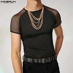 INCERUN 2023 Men T Shirt Mesh Patchwork O-neck Short Sleeve Casual Tee Tops Men Sexy Streetwear Summer Stylish Camisetas S-5XL