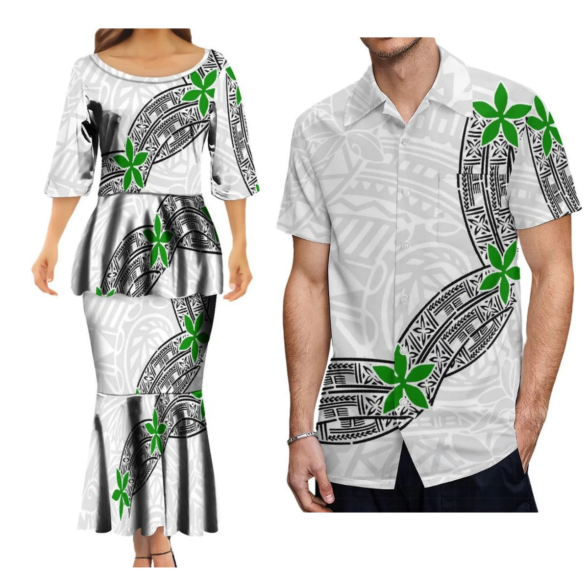 Vestido Puletasi de cuello redondo de manga media para mujer, traje de pareja de moda personalizado, estilo de isla polinesiana, camisa samoana para hombre