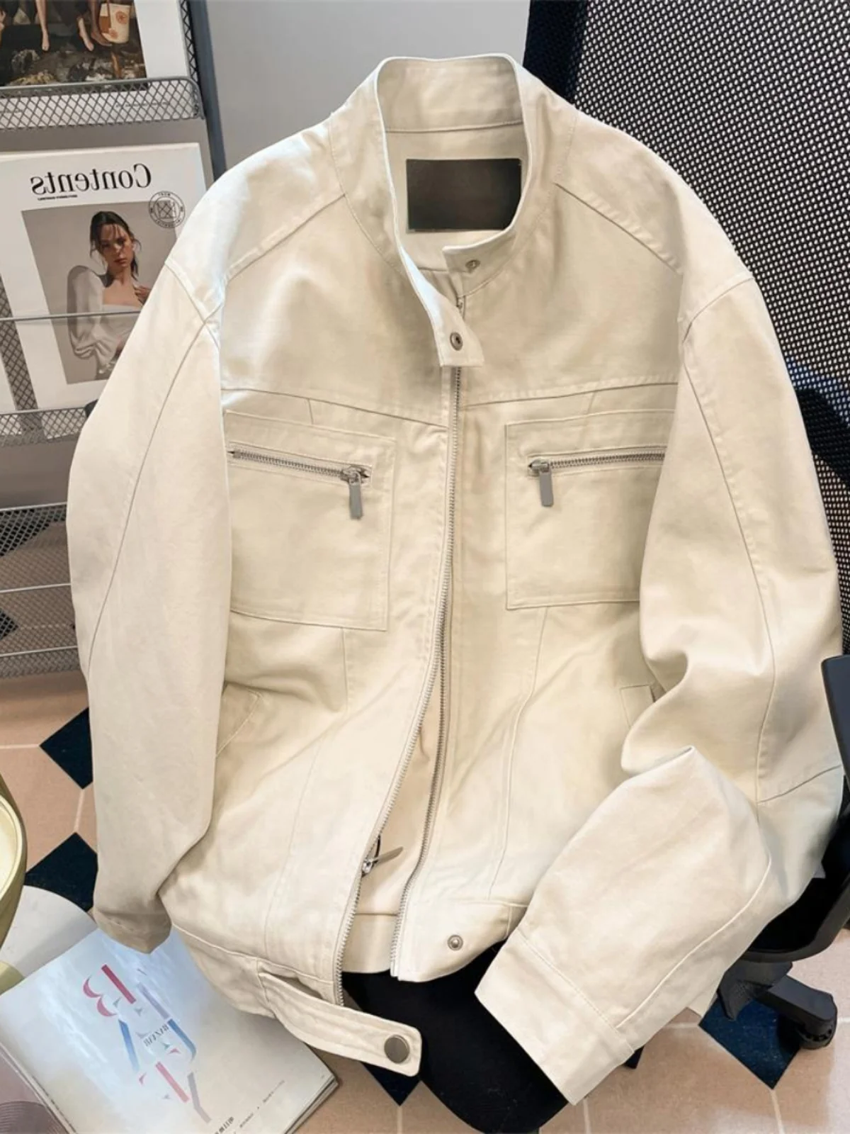 

American Sle Oversize Khaki Workwear Jaet ex Spring Casual Versatile Open Cardigan Zipper Decoration Iron-Free Proces...
