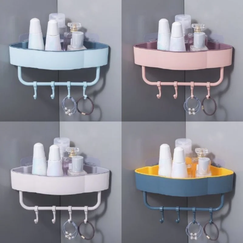 

Triangle Bathroom Corner Shelf with Hanging Rod, No-Drilling Wall Mount Shower Caddy, Plastic Rack for Bathroom, Kitchen Organiz