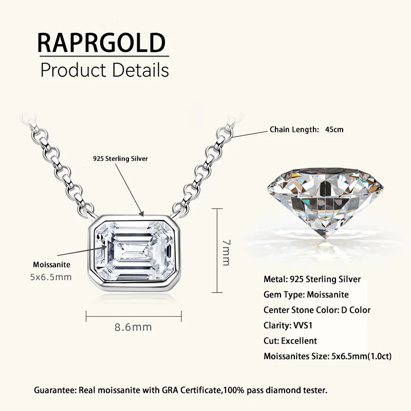 RAPRGOLD Certified Emerald Cut Moissanite Pendant Necklaces for Women 925 Sterling Silver Chains Wedding Jewelry Gifts Collares