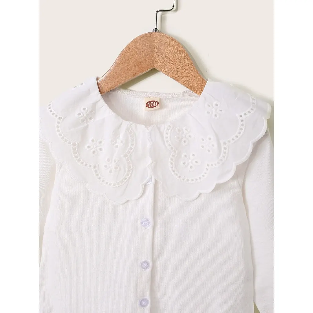 Kids Girl 1-6Y Button T Shirt Hollow Lace Collar White Long Sleeved Lovely Korean Version Top Autumn Toddler Girl Clothes