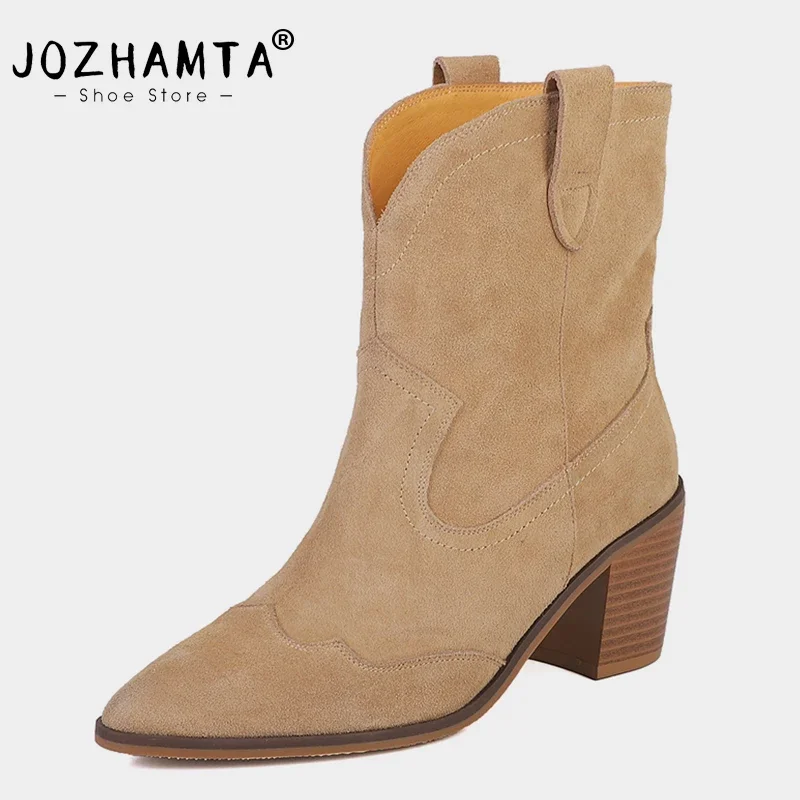 JOZHAMTA Size 34-39 Women Ankle Boots Genuine Leather Thick High Heels Shoes For Women Winter Fashion Western Boots Casual Lady