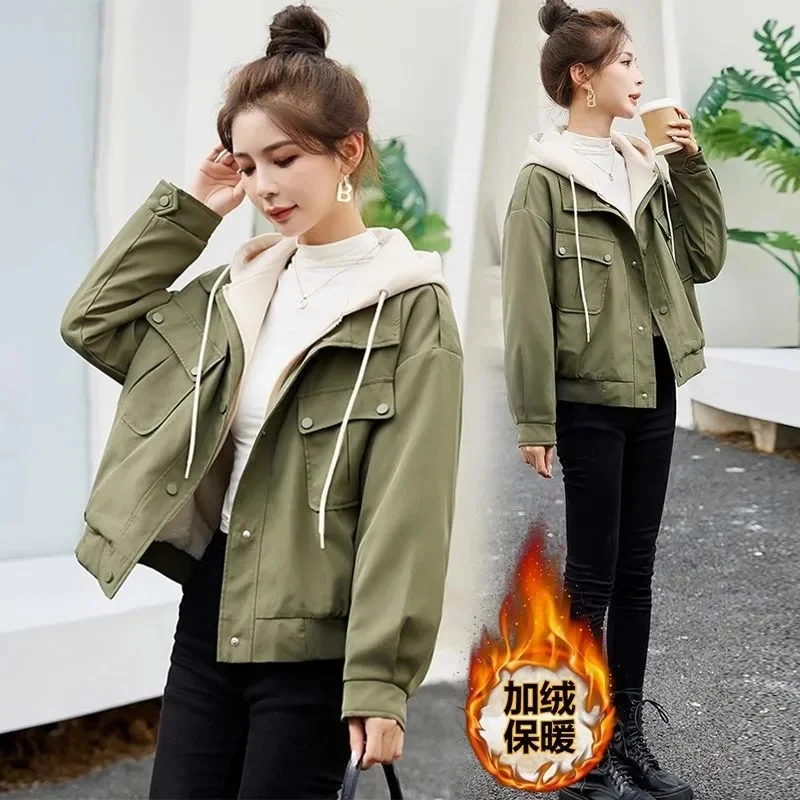 

Add Velvet Thicken Coat Female 2024 Autumn Winter New Parker Cotton-Padded Casual Warm Outerwear Short Hooded Overcoat Women Top