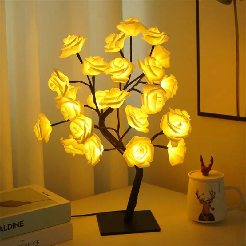 USB Battery Operated LED Table Lamp Rose Flower Bonsai Tree Night Lights Garland Bedroom Decoration Christmas Lights Home Decor