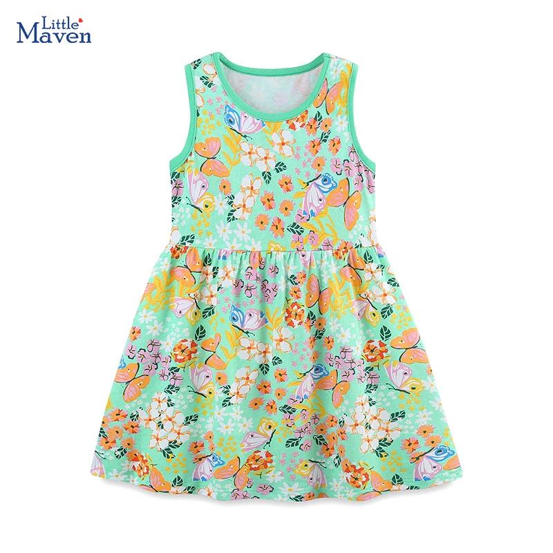 Little Maven 2024 Summer Children's Clothing Baby Girls New Kids Clothes Dress Holiday Cartoon Flowers Dresses Vestidos Cotton