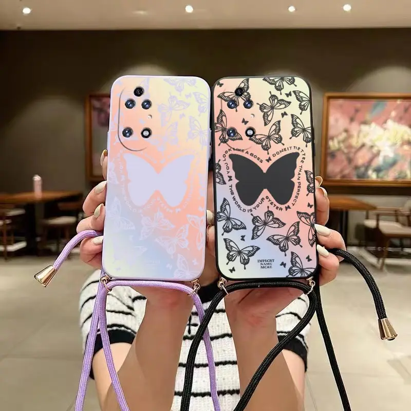 P50Pro Auroral Butterfly Lanyard Silicone Phone Case For Huawei P50Pro P50 P60 P40Pro P40 P60Pro P30Pro Mate 50 40 Pura 70 Cover