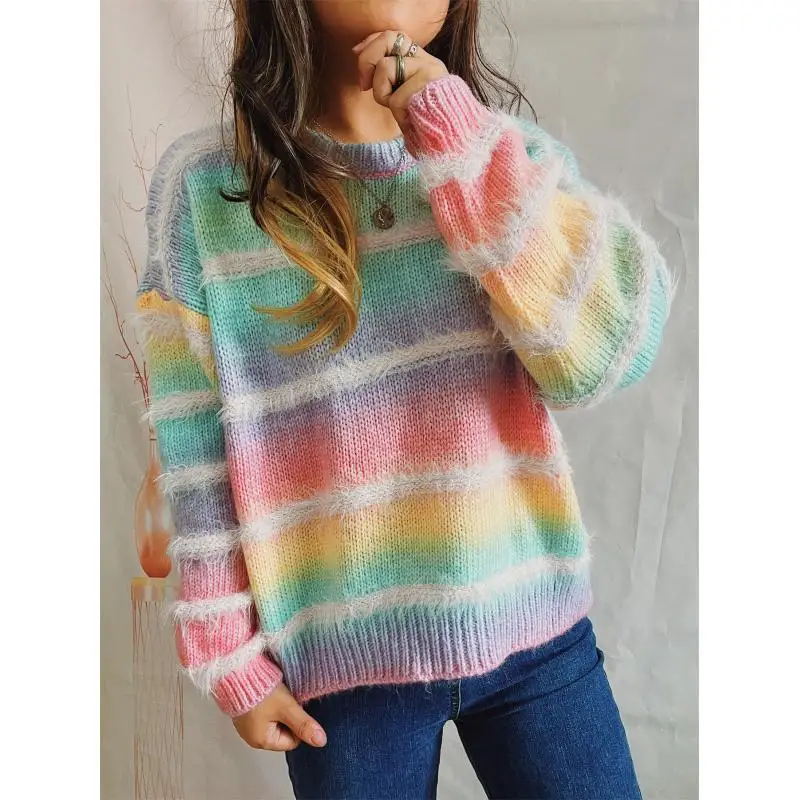 Women Rainbow Gradient Striped Knit Sweater Crew Neck Fuzzy Long Sleeve Loose Casual Pullover Jumper