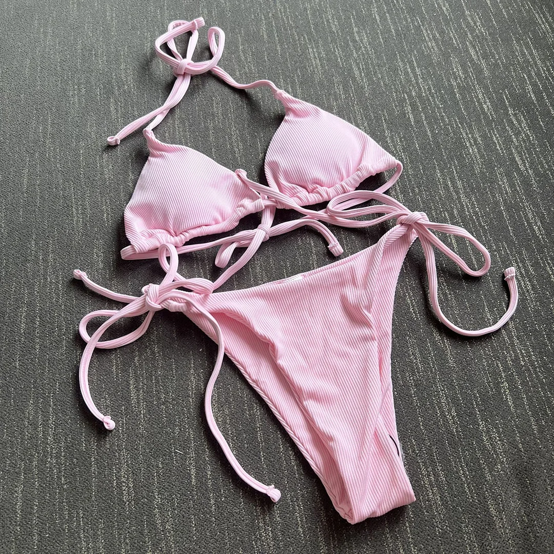 Neuer, gerippter Bikini mit Neckholder, 13 Farben, Damen-Badeanzug, zweiteiliges Bikini-Set, gepolsterter Badeanzug, Badebekleidung, Modell V4085C – Detail 37