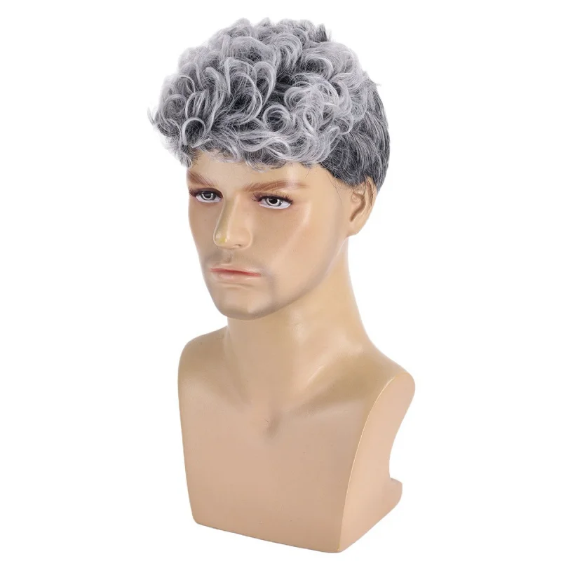 European and American men's short curly hairstyle, gray-white gradient new fluffy high-temperature synthetic fiber wig