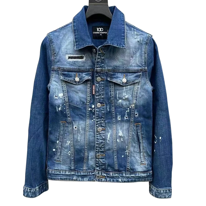 

100 chareiharper 1918 Denim jacket men's high quality wash white coat young hipster men hole patch wash splash ink jacket