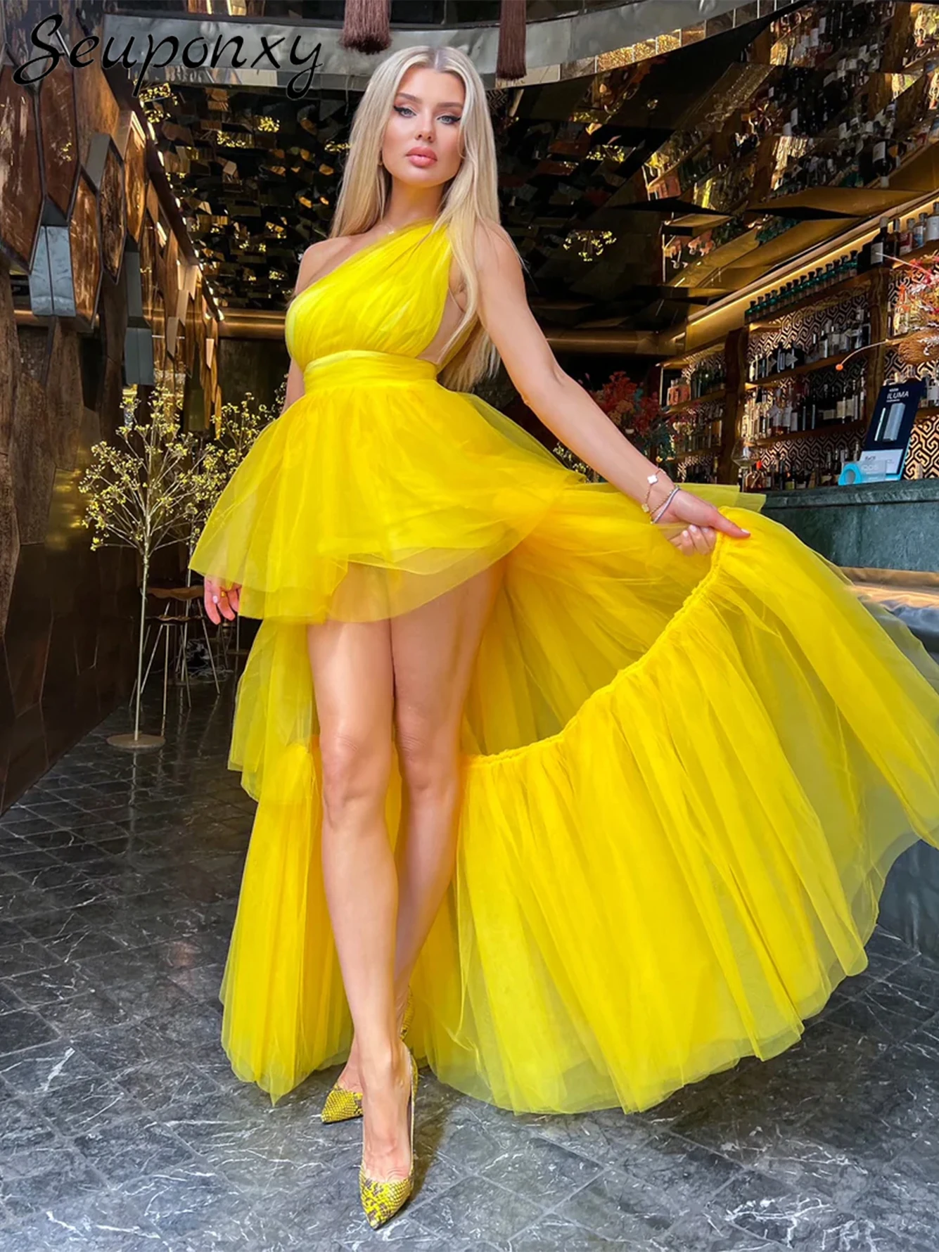 High Quality Women'S Sexy One Shoulder Sleeveless Layered Ruffle Mesh Yellow Maxi Dress 2023 Elegant Celebrity Club Party Dress