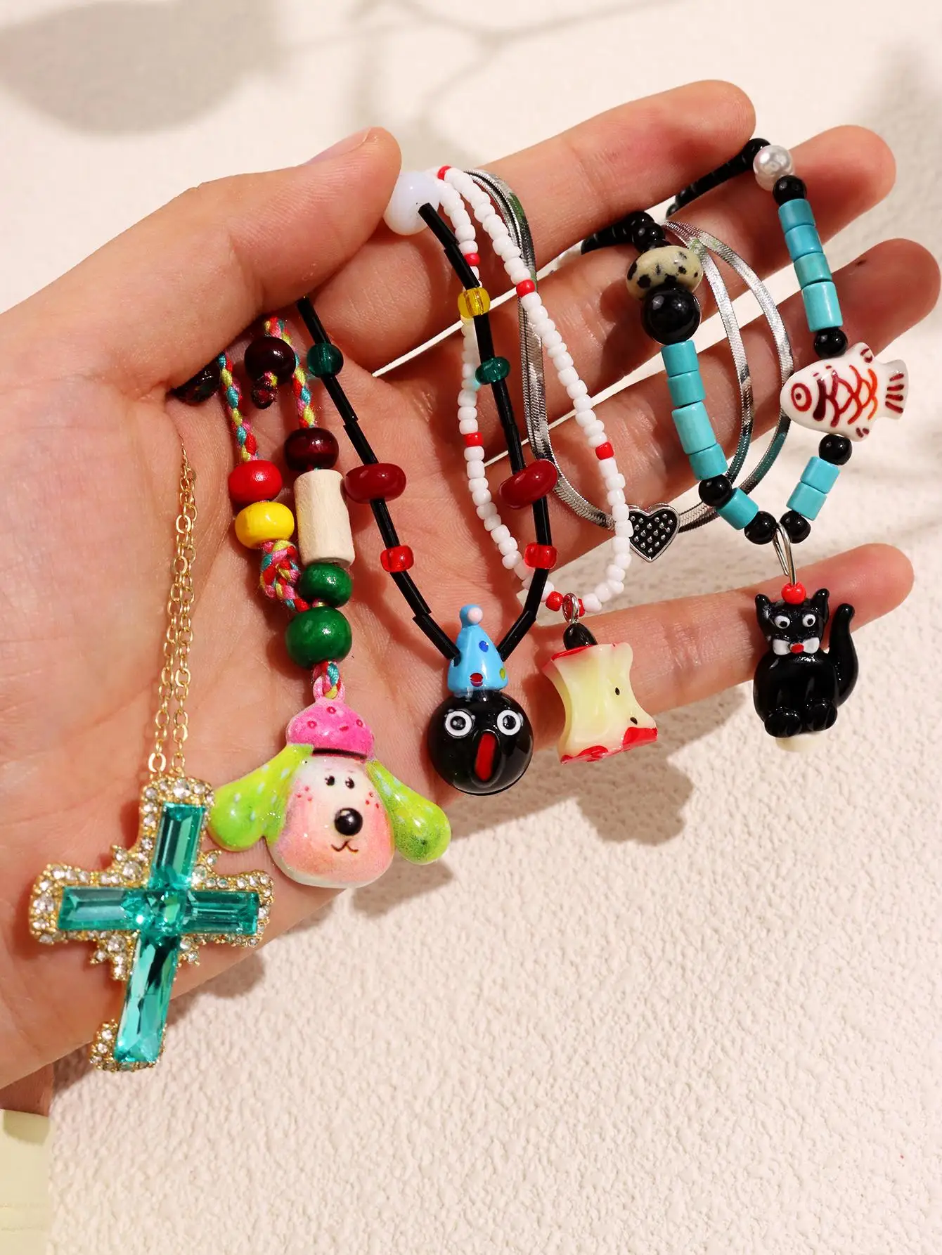 Colored Cute Hand Drawn Puppy Apple Heart Cross Pendant Necklace Harajuku Originality Punk Neck Chain for Women HUANZHI NEW