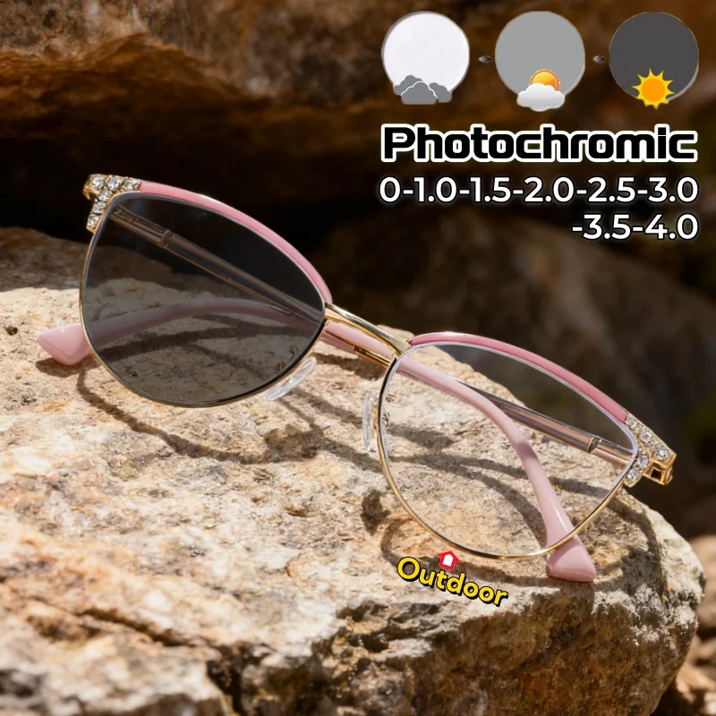 

Fashionable Photochromic Metal Cat-eye Diamond Setting Myopia Glasses Unisex Personality Anti-blue Light Eyeglasses 0 To -4.0