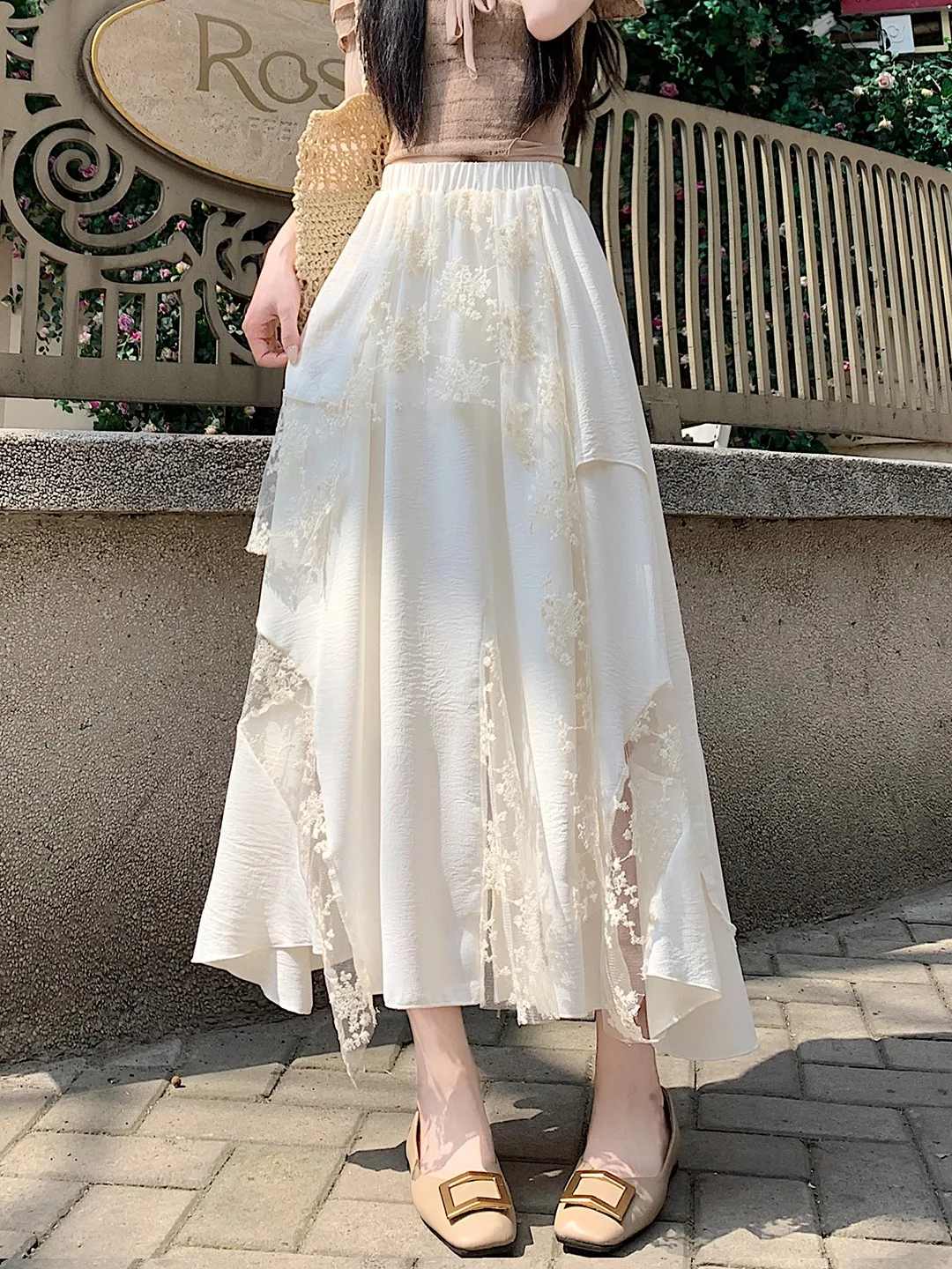 

High Waist Asymmetrical Lace Splicing Women's Skirt Summer New Design Hanging Sense Large Swing Inner Lined Skirt