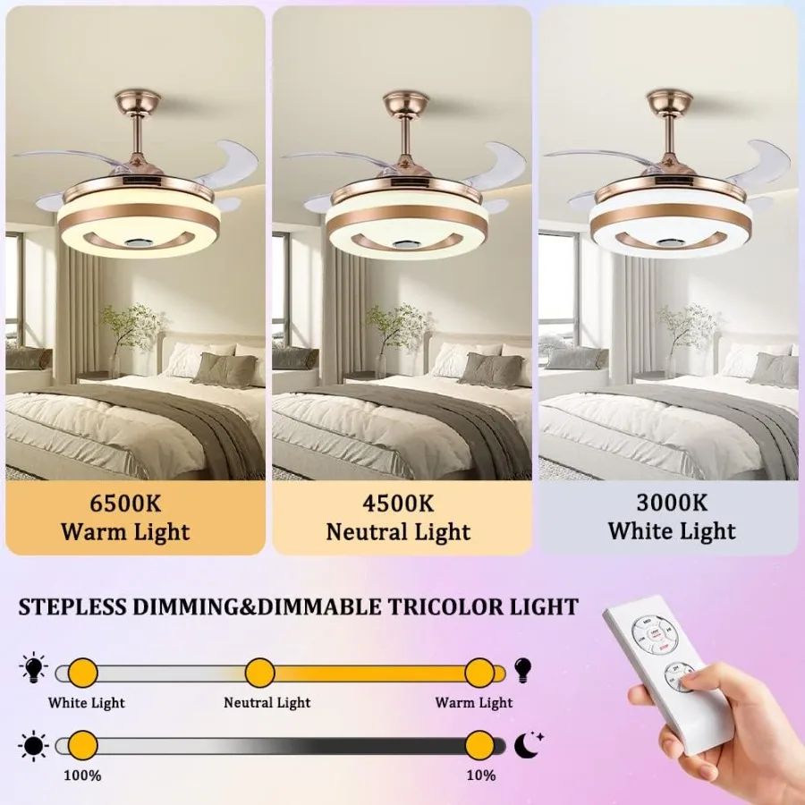 42-inch Ceiling Fan with Built-in LED Light and Remote Control for Indoor Use Modern Hidden Smart Retractable Design Low Profil