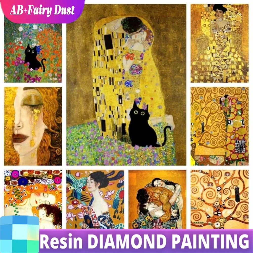 Polvo de hadas de resina AB Gustav Klimt, beso y gato negro, arte de pintura de diamante 5d Diy, mosaico de punto de cruz de árbol de la vida artesanal