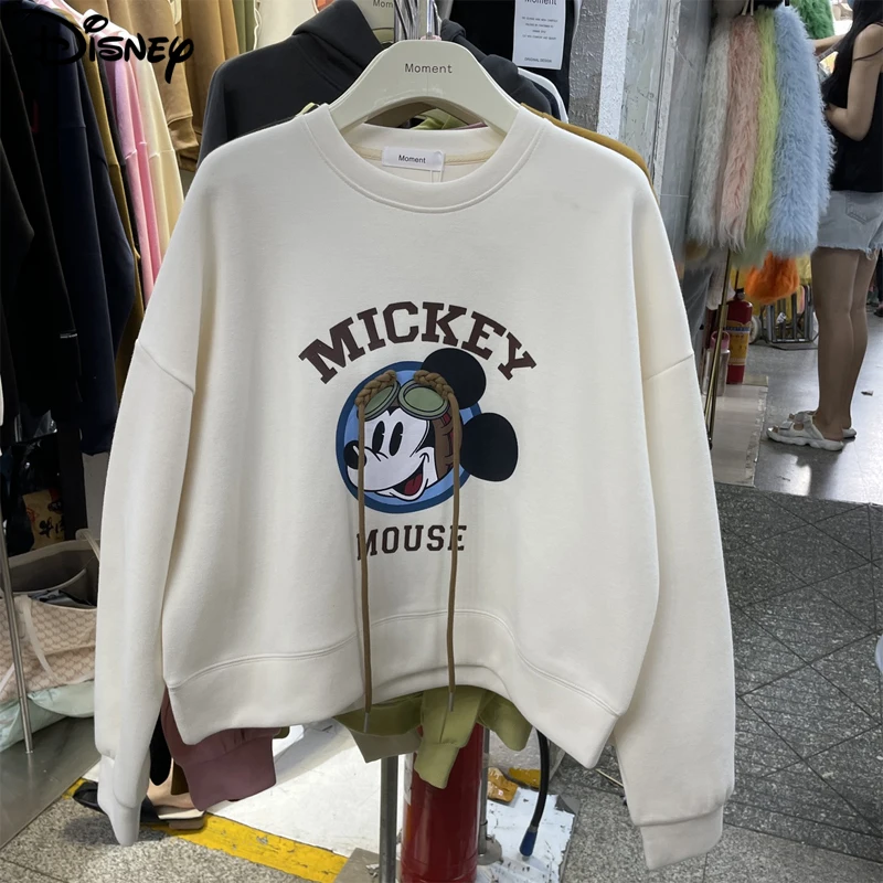 Disney Brand Clothing New Arrival Top Fashion Pullovers Casual Cotton Cartoon Mickey Mouse Print White O-neck Women Sweatshirts